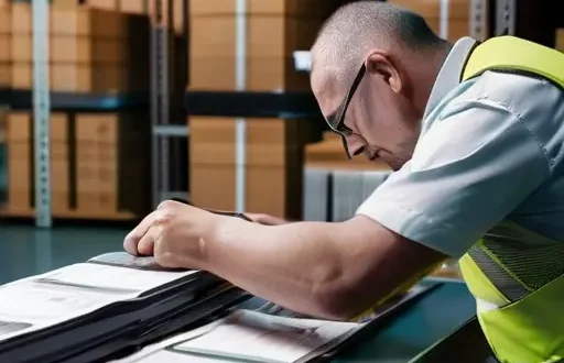 Закупщик изучает сертификаты на металлопрокат на фоне стеллажей с профилем стали