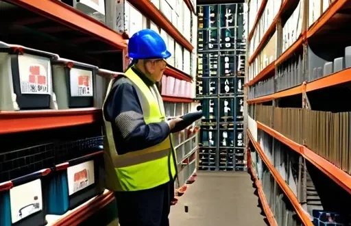 Склад металлопроката с частично пустыми полками и рабочий специалист оценивающий поставки